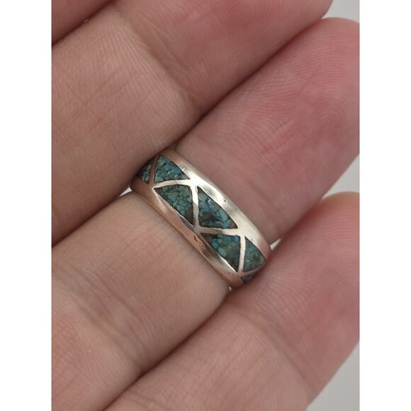VINTAGE NATIVE AMERICAN STERLING SILVER INLAY TURQUOISE BAND RING SIZE 7.75 - Picture 1 of 9